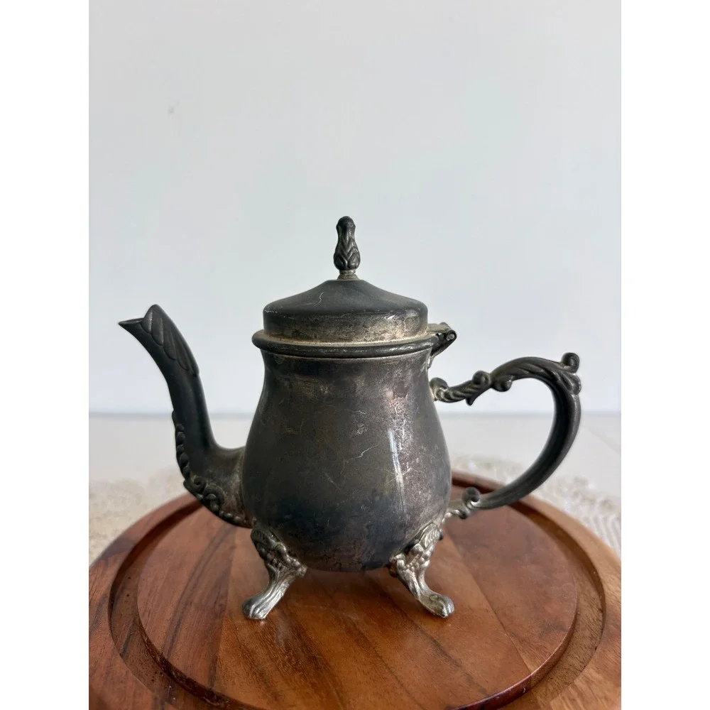 Vintage Miniature Silver Plated Tea Set Teapot Sugar Creamer 3pc Footed Ornate